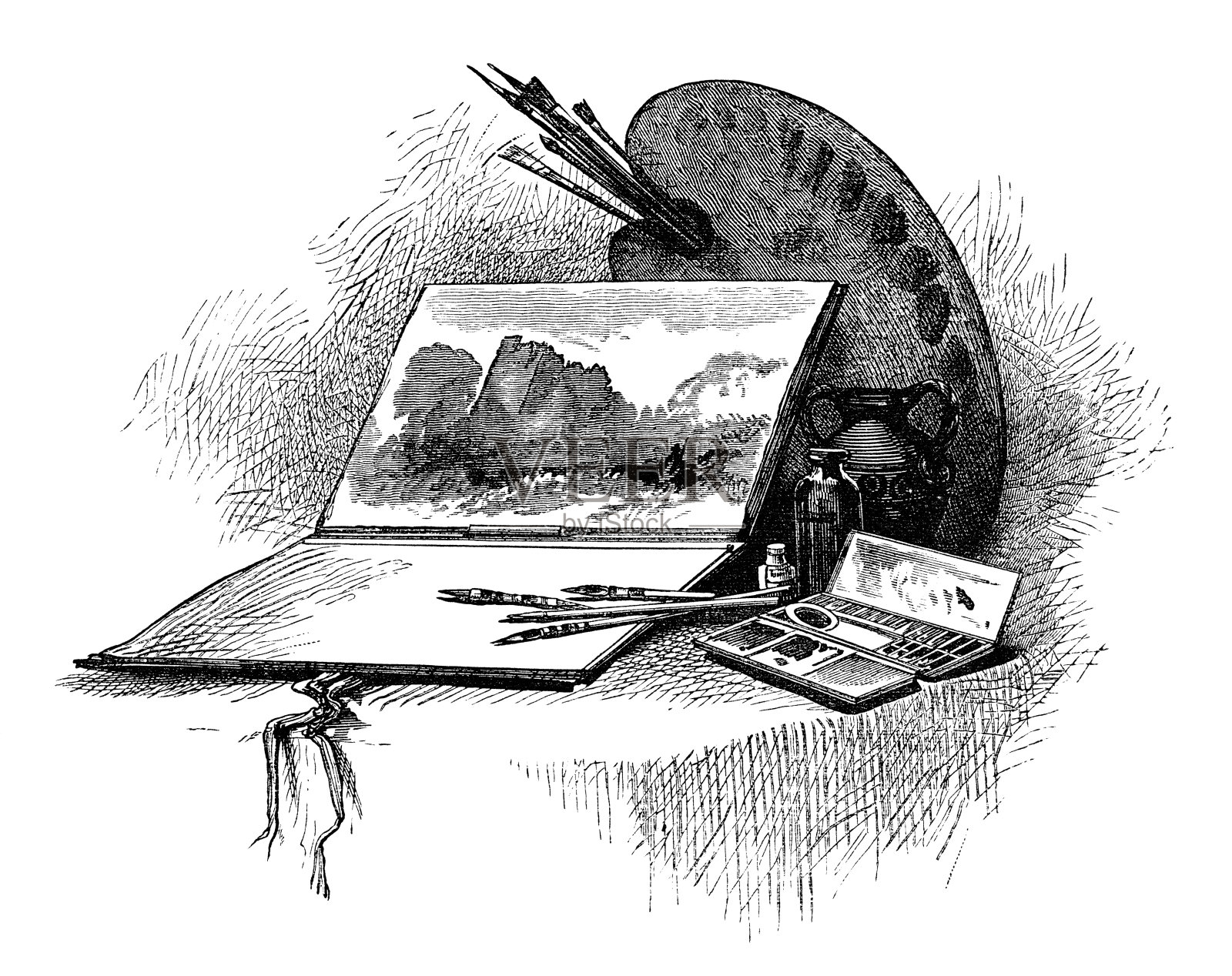 维多利亚时代艺术家的设备雕刻插画图片素材