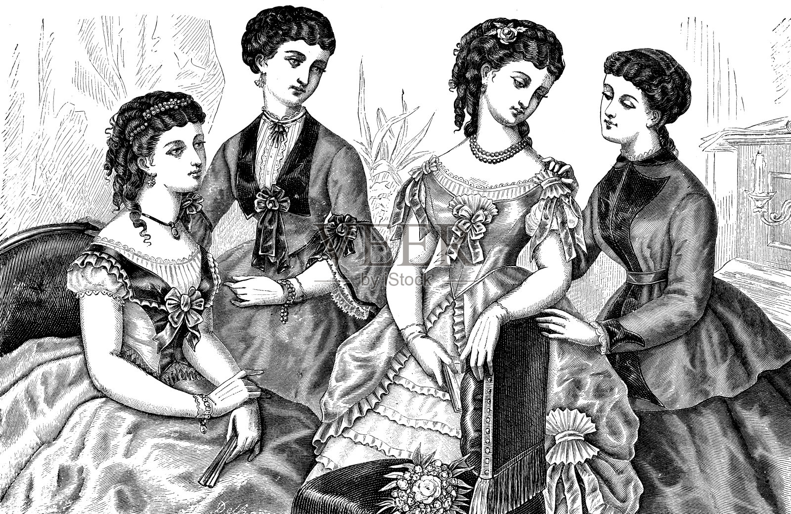 19世纪的时装和发型模特插画图片素材