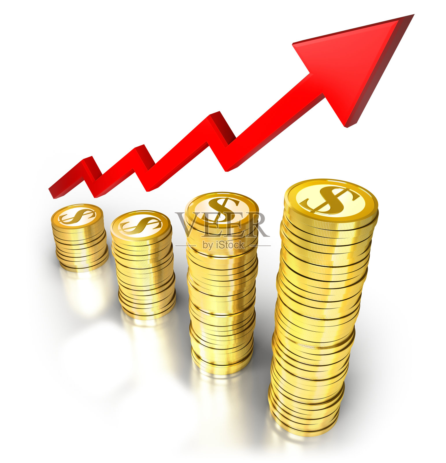 不断增长的金币堆砌与上升趋势箭头照片摄影图片