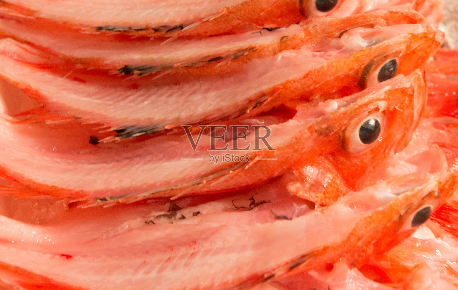 一排带眼睛的生鱼照片摄影图片