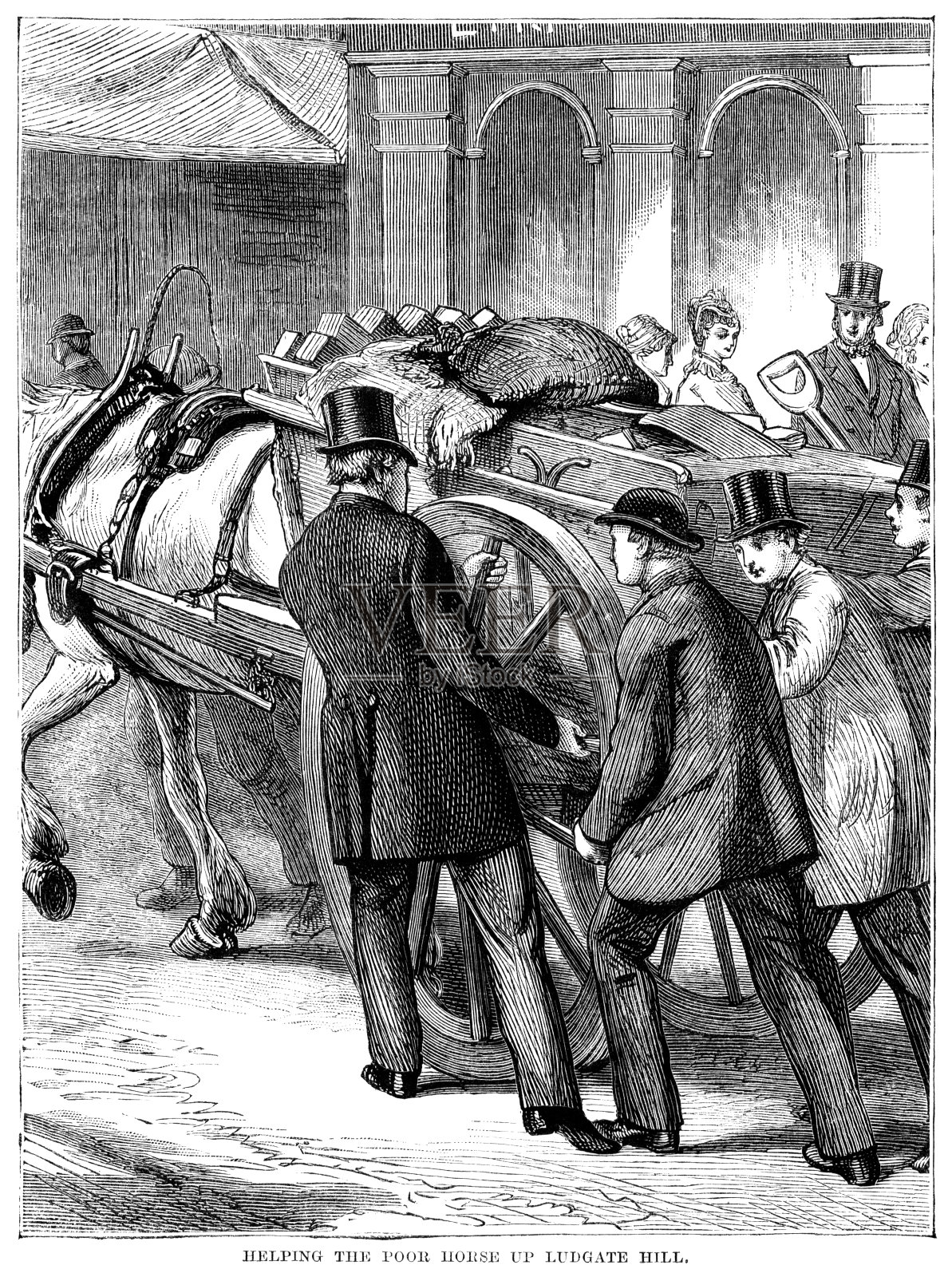 帮助马和马车上山(维多利亚插图)插画图片素材
