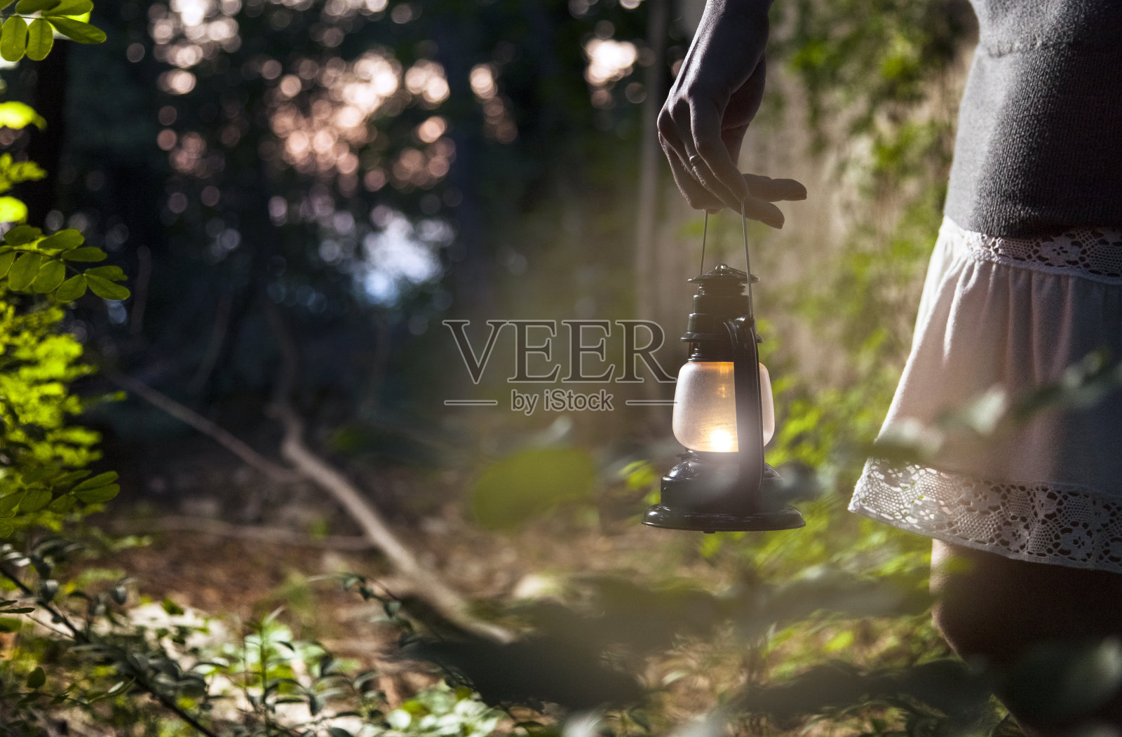 黑暗森林里提着灯笼的女人照片摄影图片