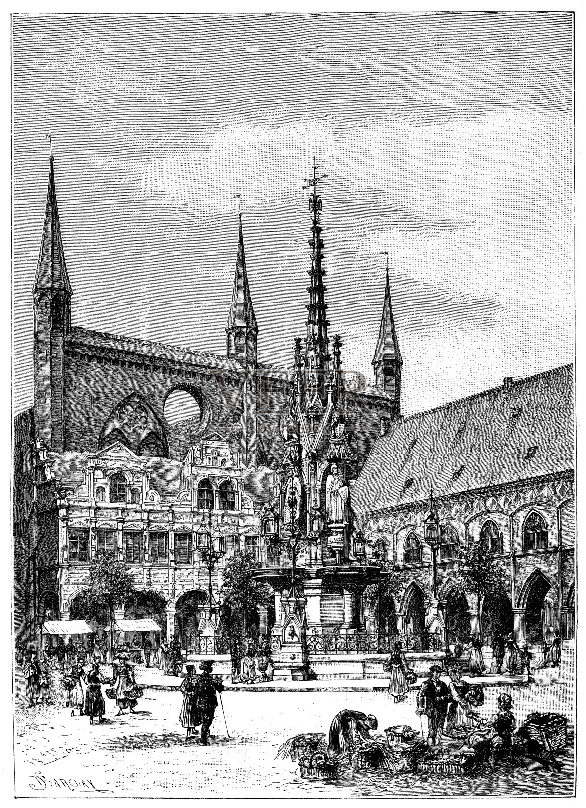 吕贝克喷泉的古董插图插画图片素材