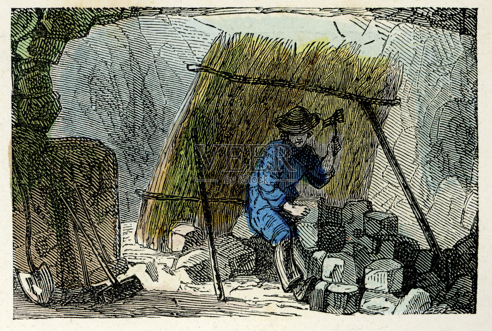 在采石场工作的维多利亚时代的石匠插画图片素材