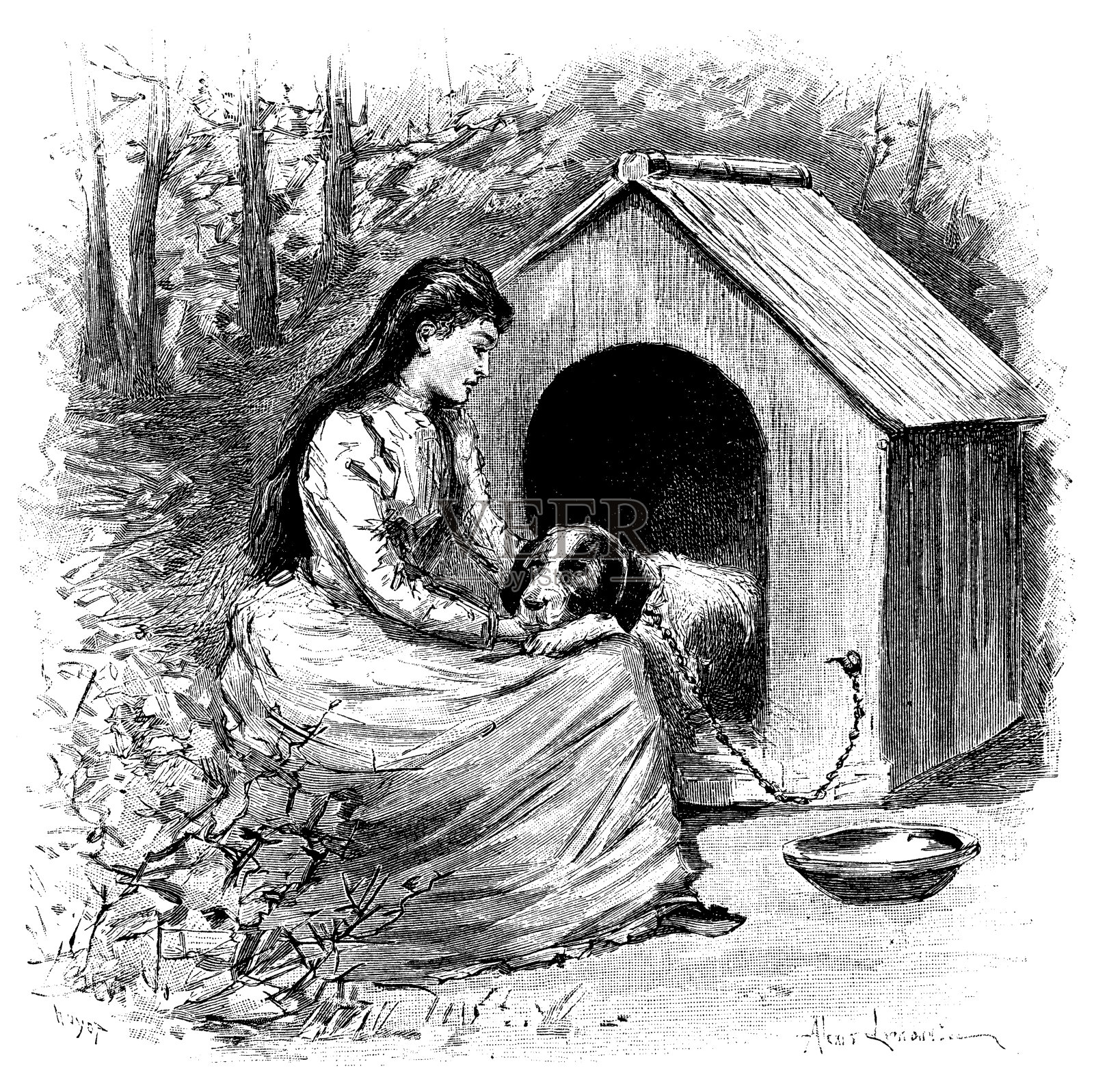 古董插图的女人与狗在狗屋插画图片素材