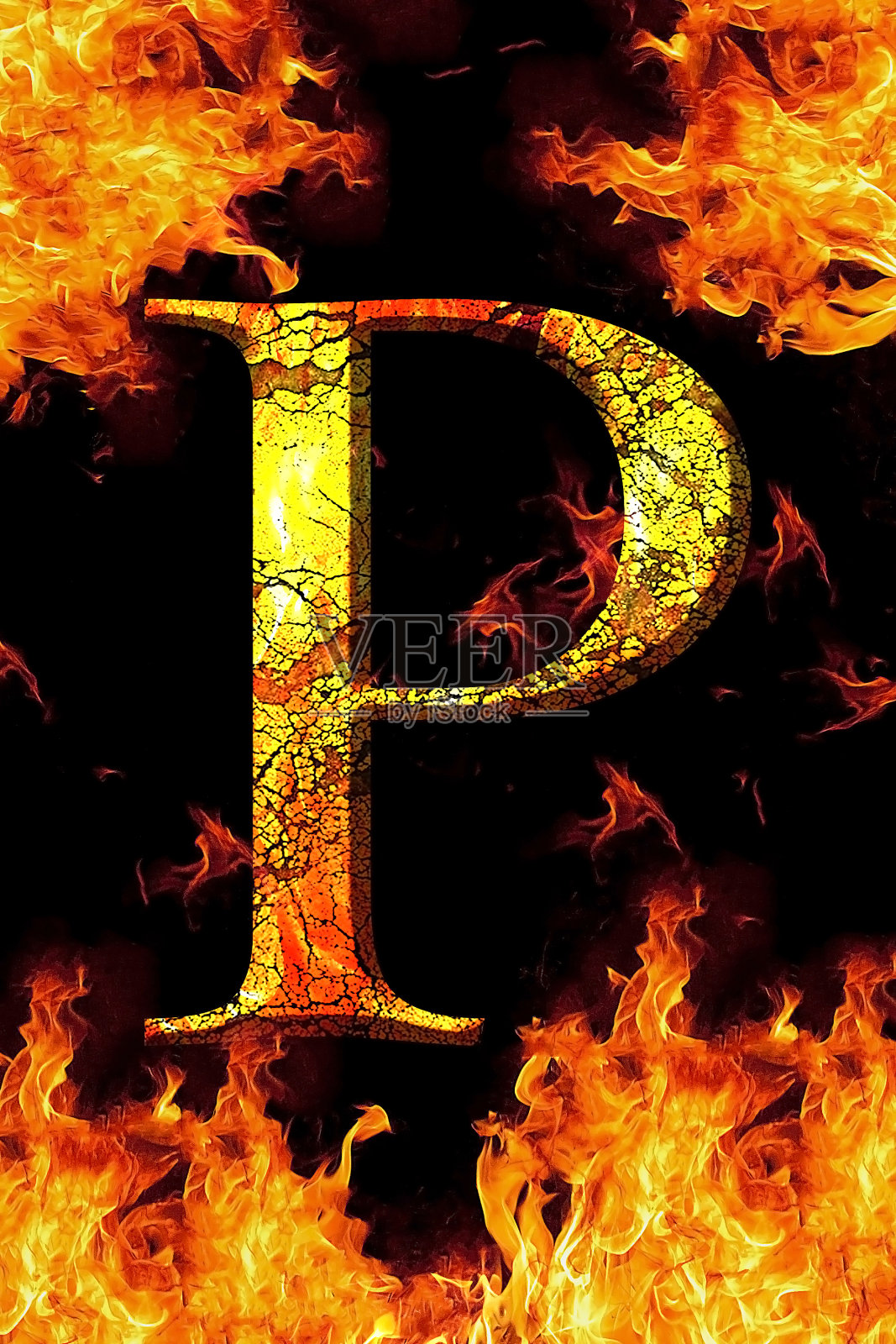 P火字母裂在黑色背景上照片摄影图片