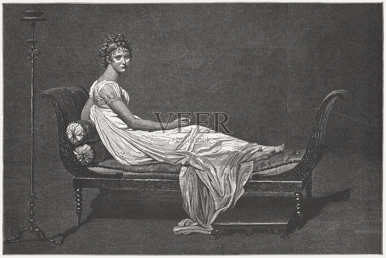 《Récamier夫人》，Jacques-Louis David木刻，1882年出版插画图片素材