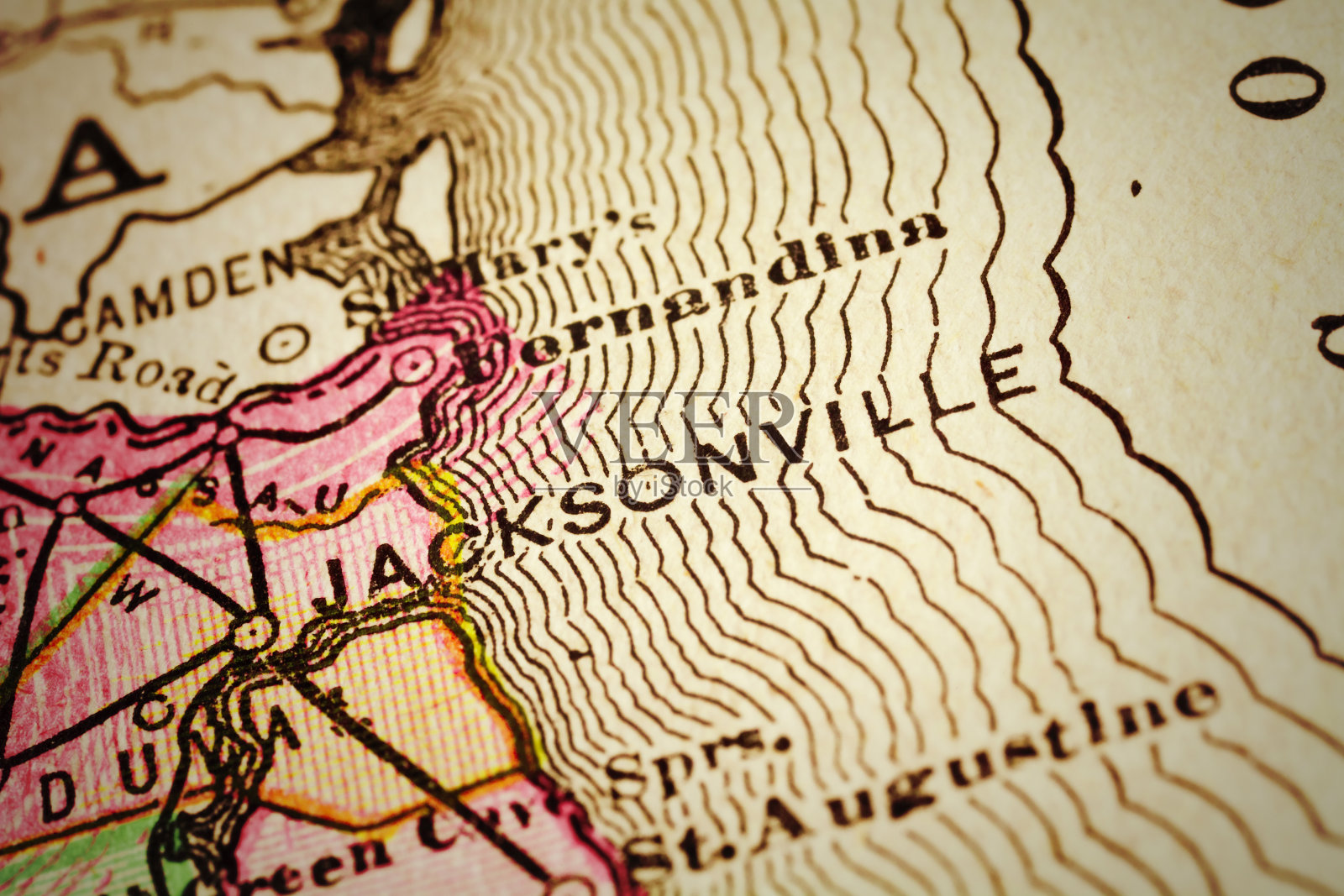 杰克逊维尔海滩，佛罗里达的古董地图照片摄影图片