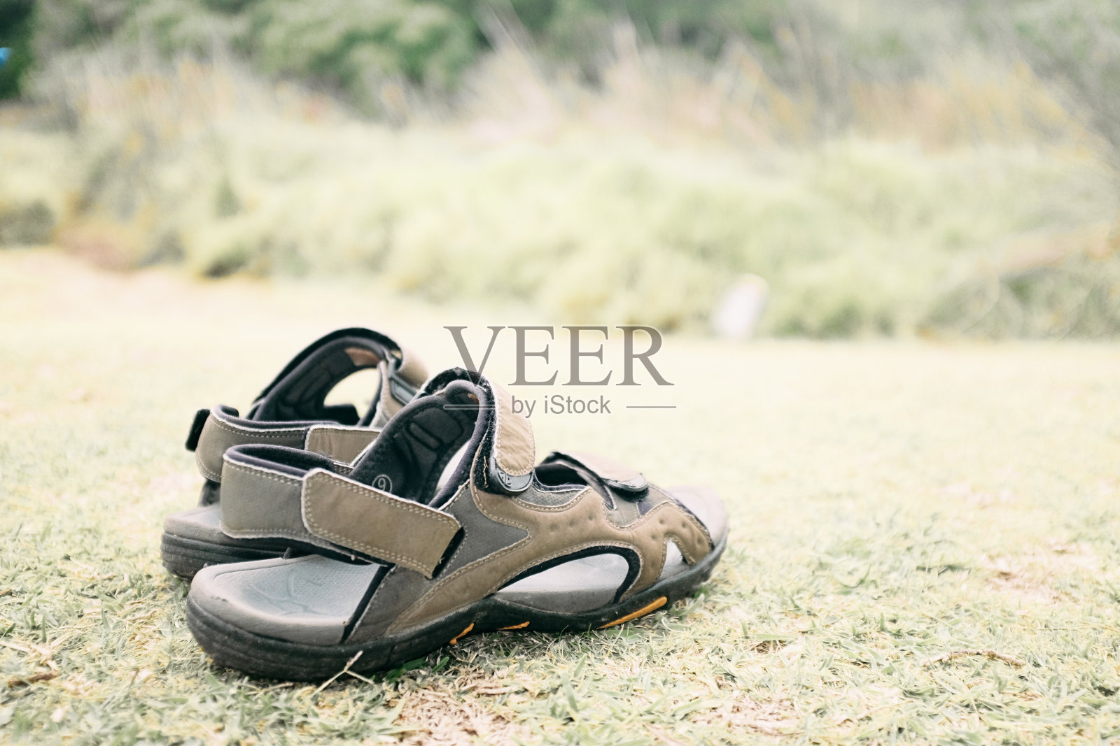 在草地上徒步旅行的旧凉鞋照片摄影图片