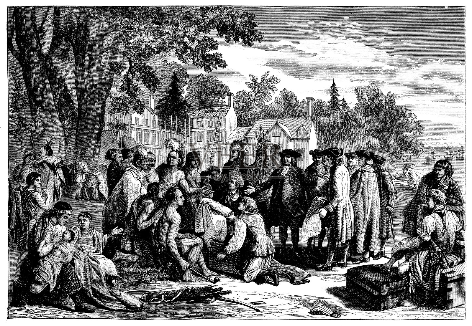 威廉·佩恩购买土地建造费城的古董插图插画图片素材