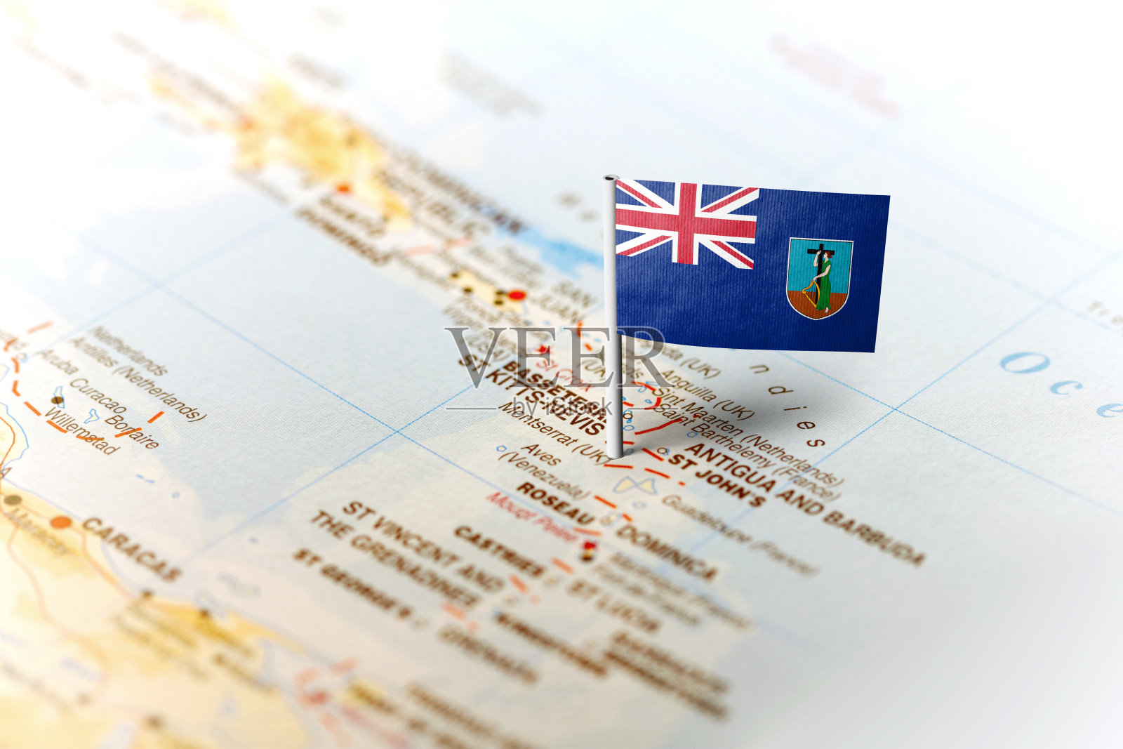 蒙特塞拉特用旗帜钉在地图上照片摄影图片