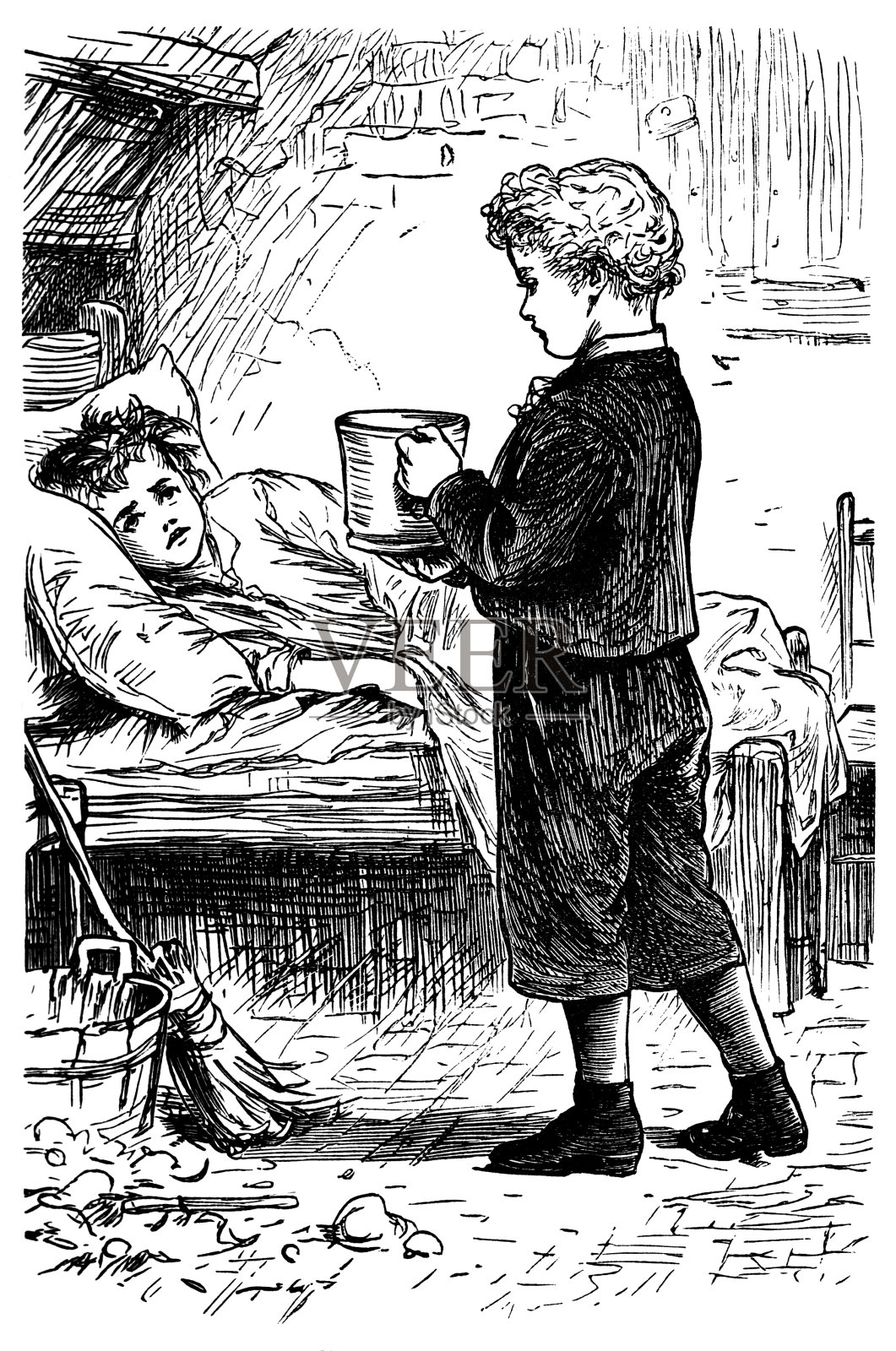 维多利亚时代的小男孩去看望生病的朋友插画图片素材