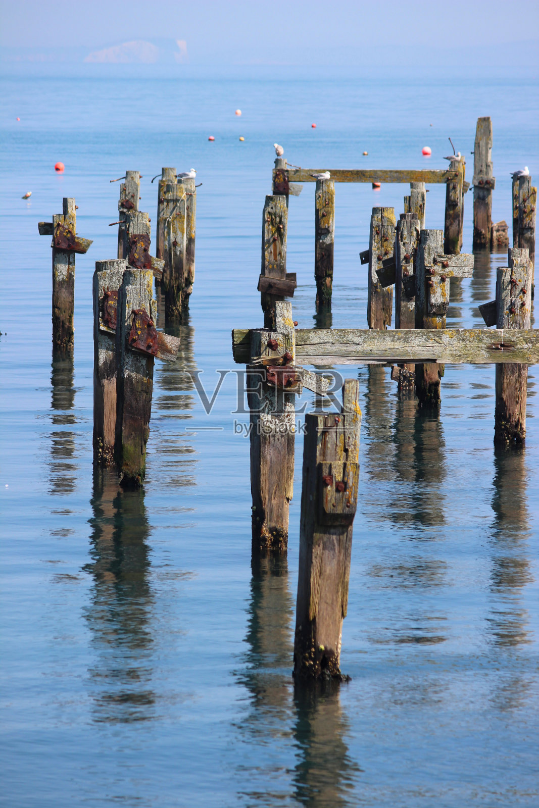 腐烂的码头倒影，水中腐烂的木支柱照片摄影图片