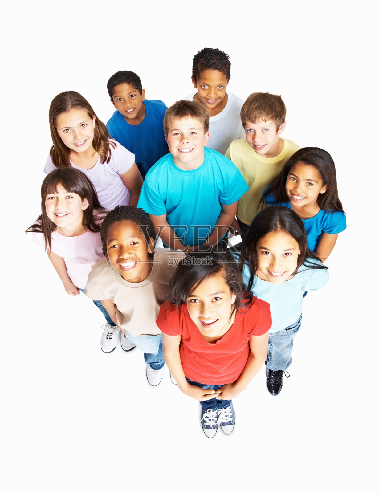 俯视图，快乐团结的孩子代表多样性照片摄影图片