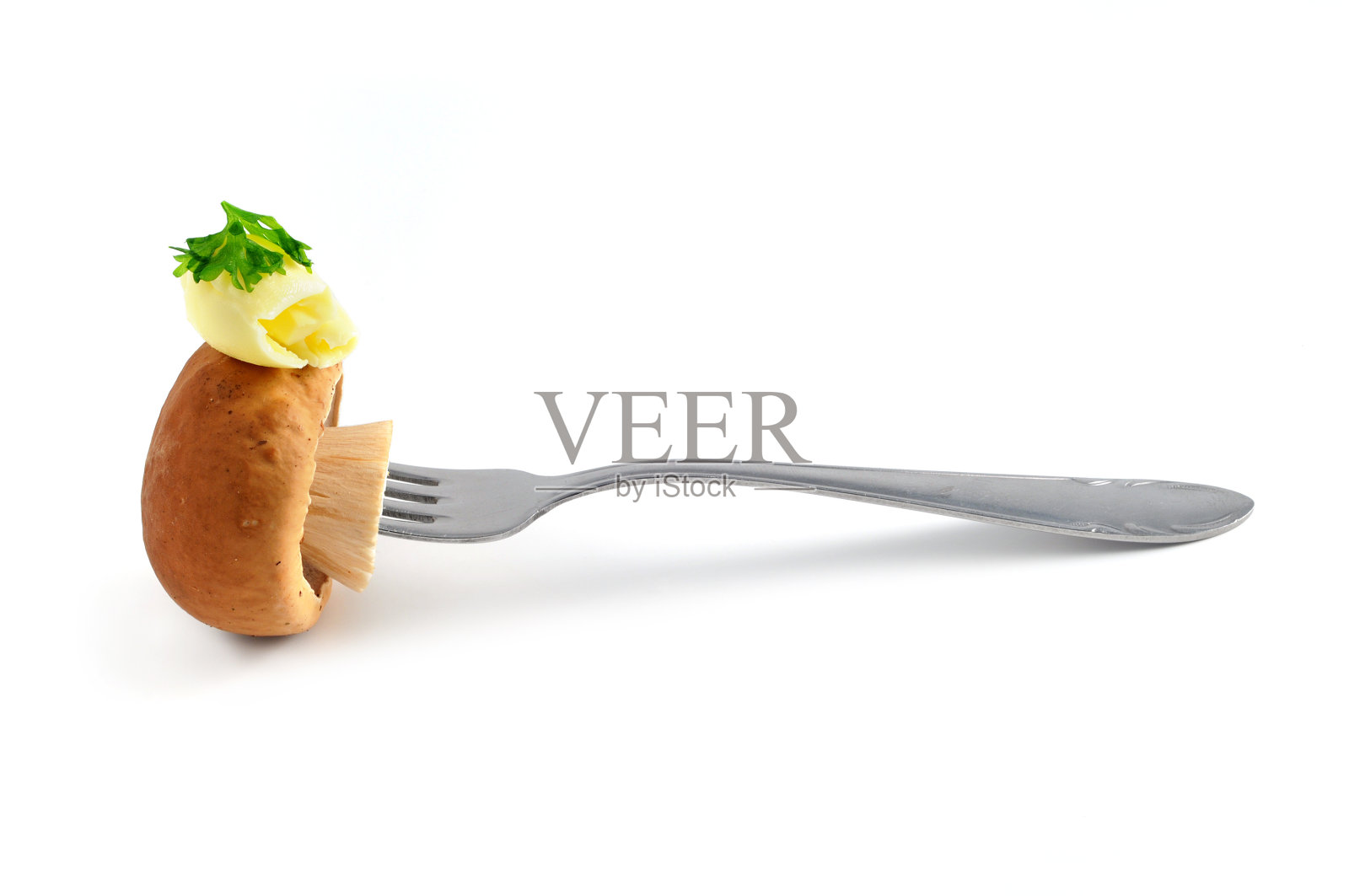 菇花菇(学名boletus rilis)配上叉子花菇还有含奶油的照片摄影图片