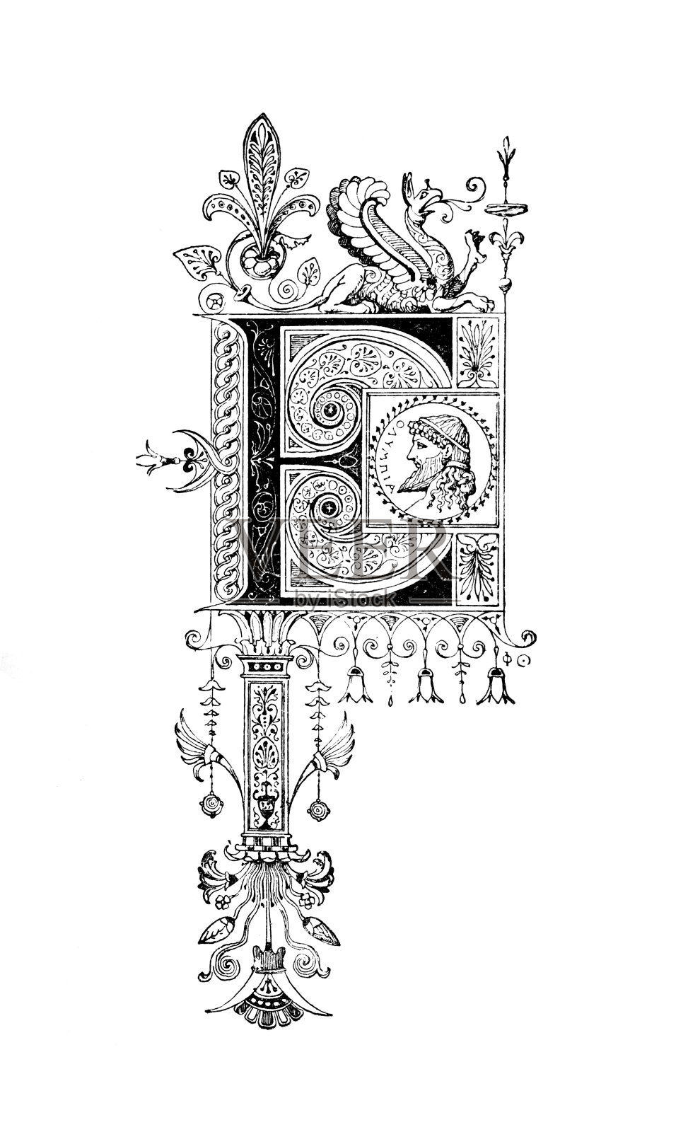 描绘字母E的新古典主义罗马式设计插画图片素材