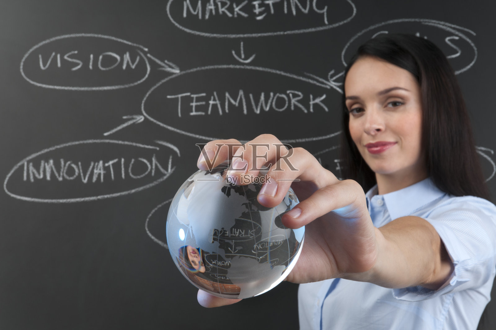 拿着一个带流程图的地球仪的女人照片摄影图片