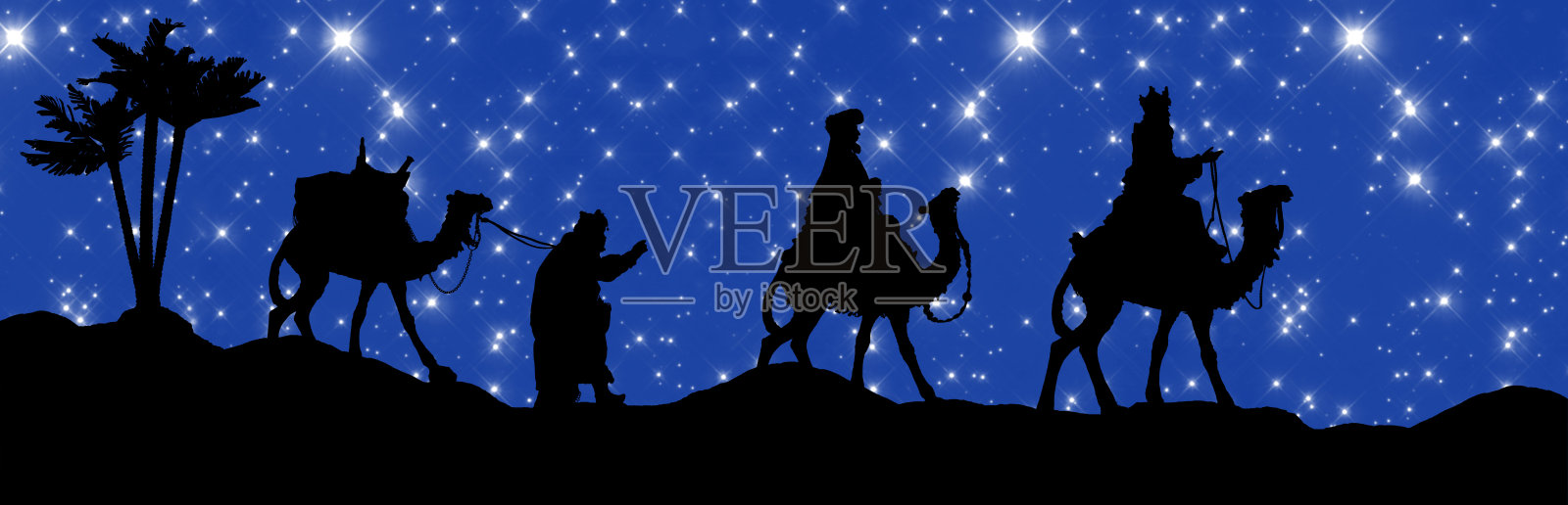 圣诞圣诞场景，三个智者在星空下行走照片摄影图片