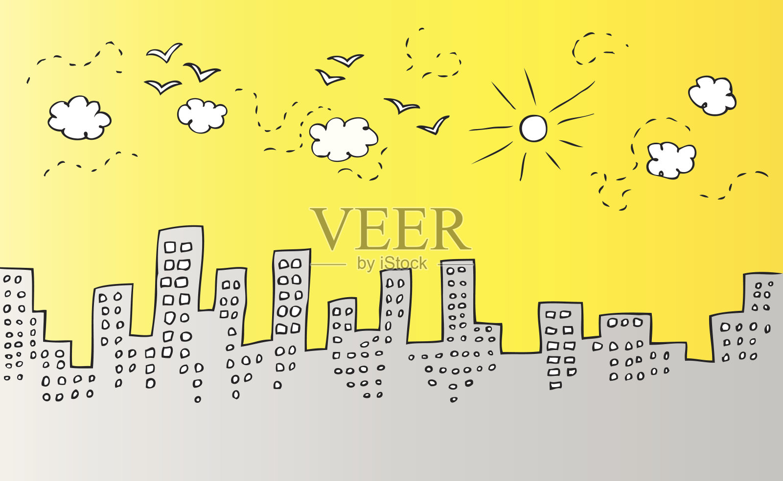 城市天际线与阳光天空，鸟和云彩卡通插画图片素材