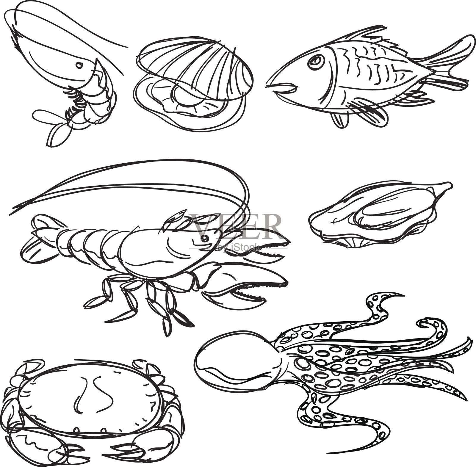 海鲜收藏在黑色和白色插画图片素材