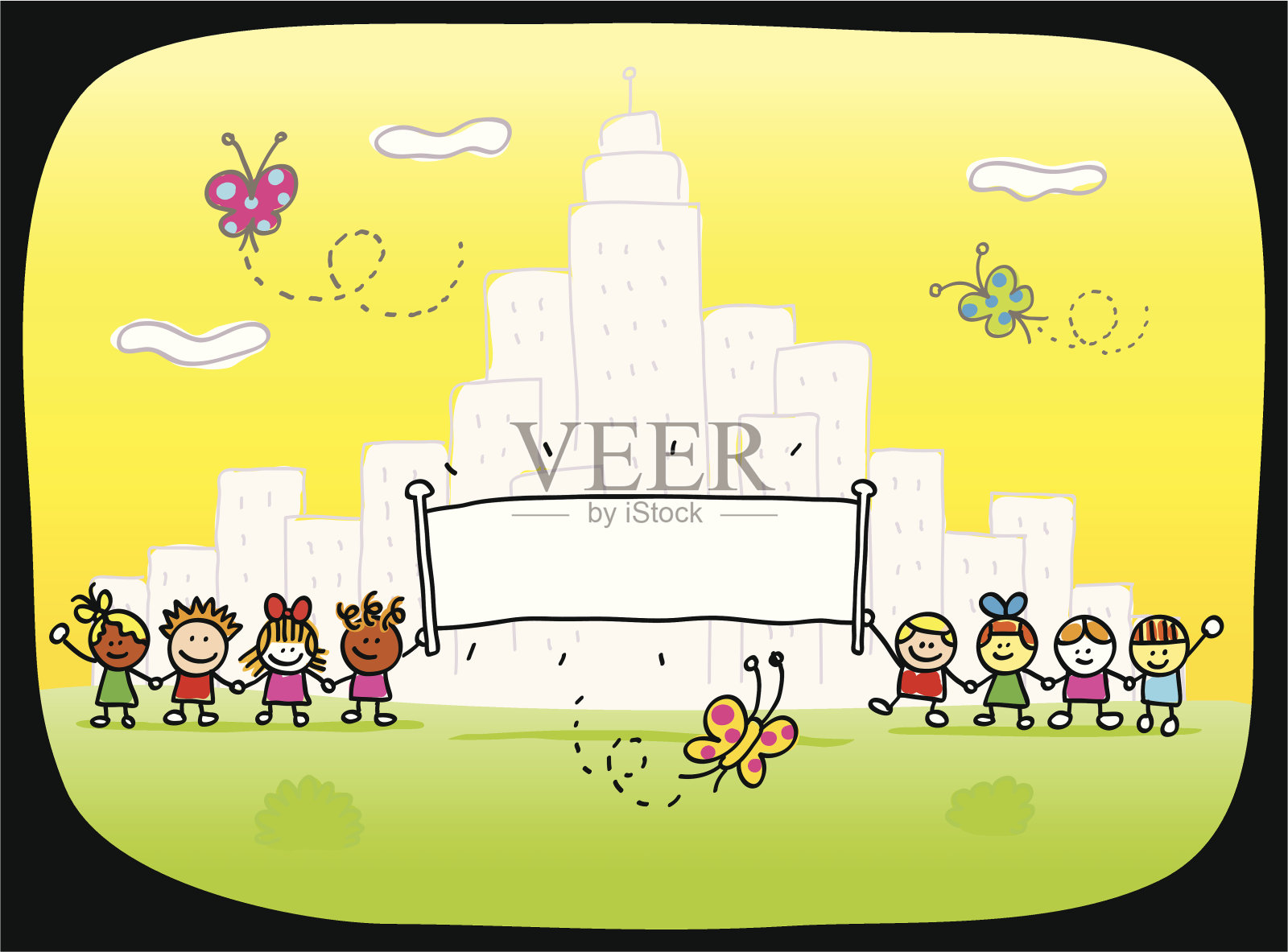 快乐的孩子们在户外玩自然和城市的旗帜卡通插画图片素材