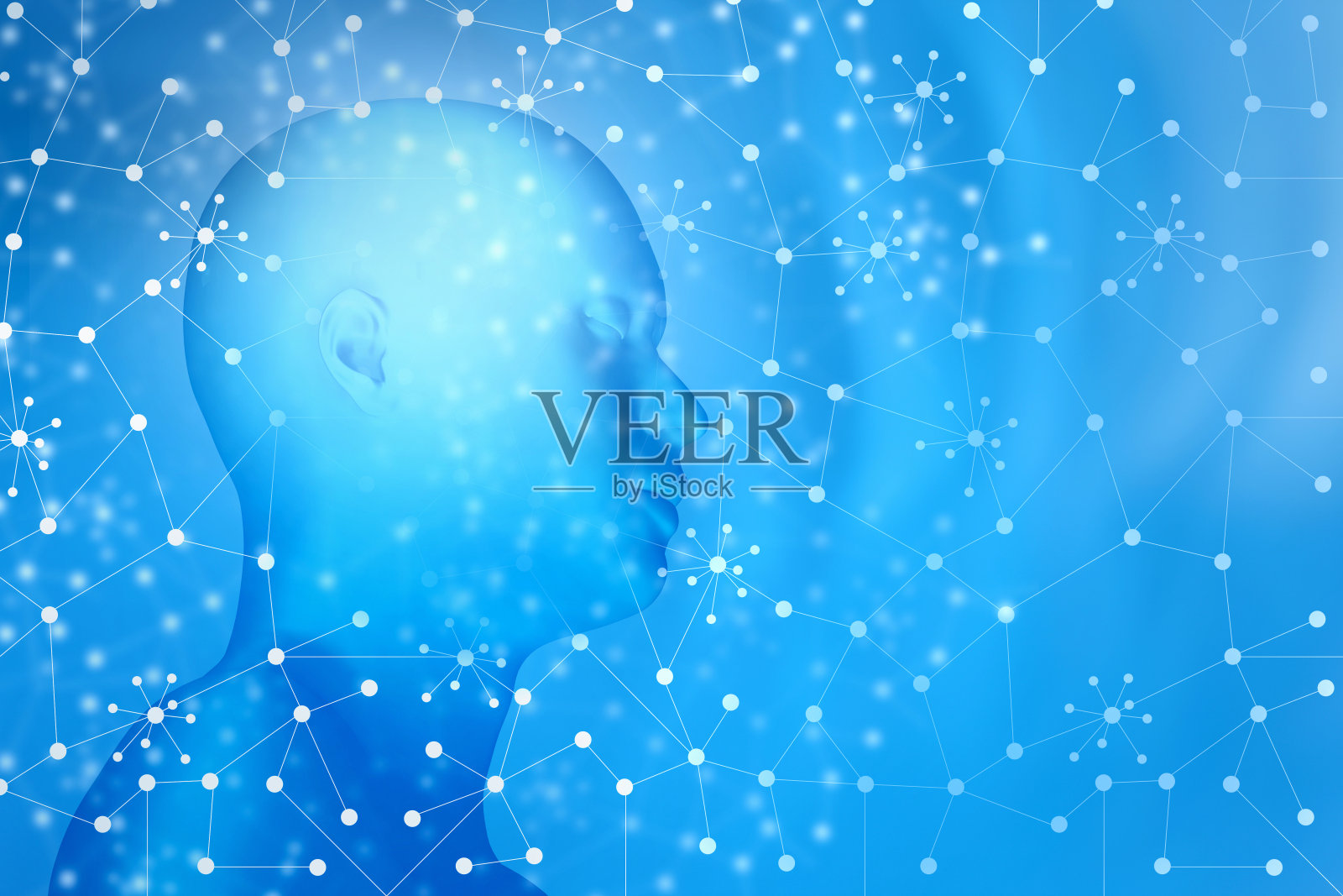 人的头部轮廓思考，冥想，沉思的心灵，蓝色抽象的背景照片摄影图片