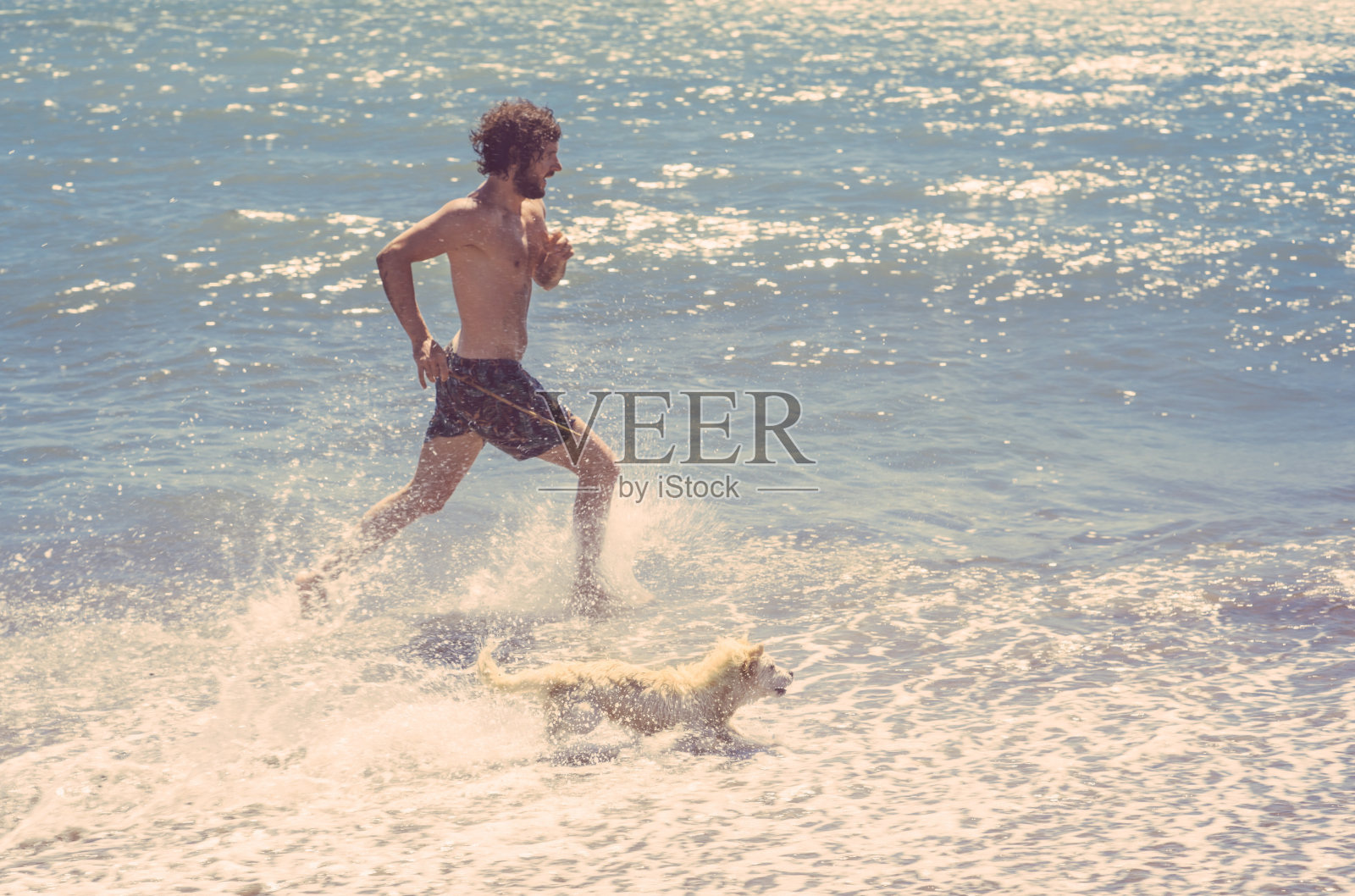 一个人和他的狗在沙滩上跑步照片摄影图片