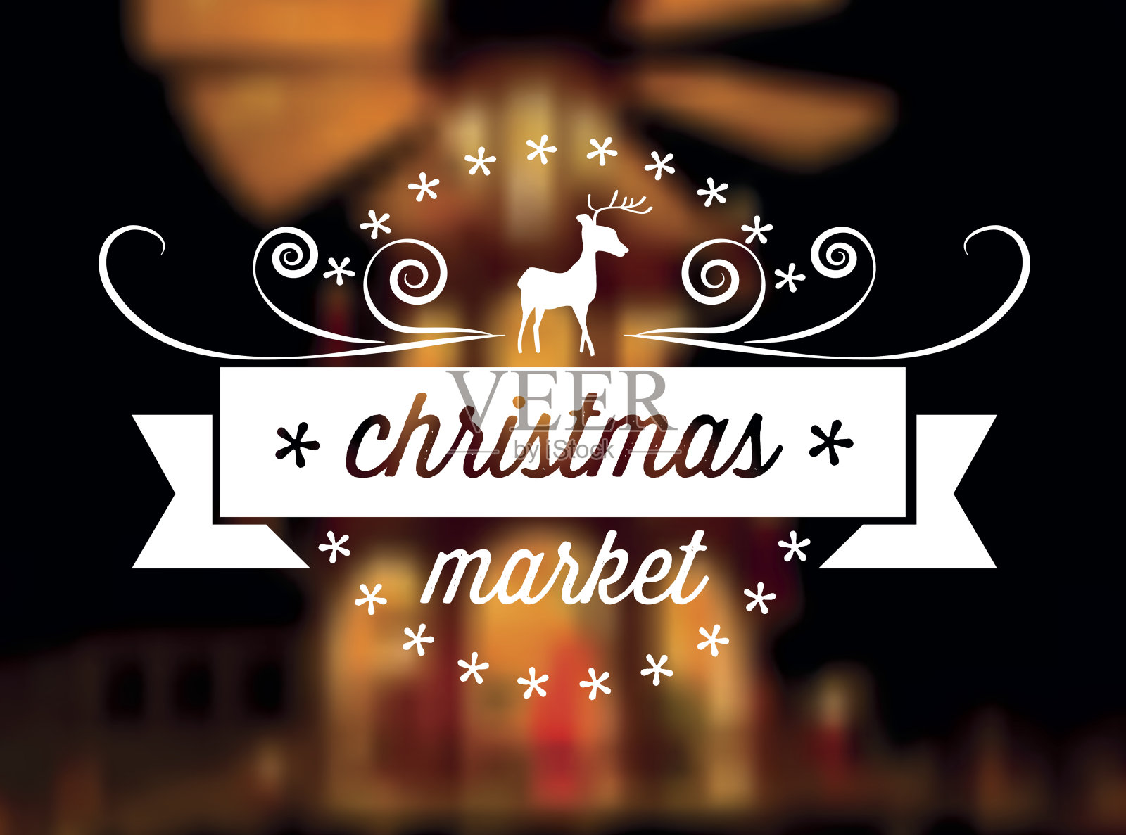 圣诞市场线艺术图标上模糊的节日金色背景插画图片素材