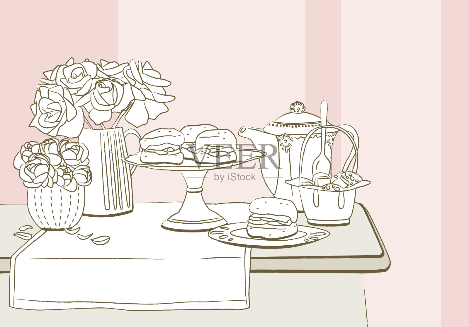 精美的餐桌上摆放着玫瑰、牡丹烤饼和茶插画图片素材