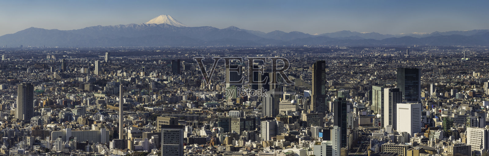 东京富士山雪峰俯瞰拥挤的日本城市全景照片摄影图片