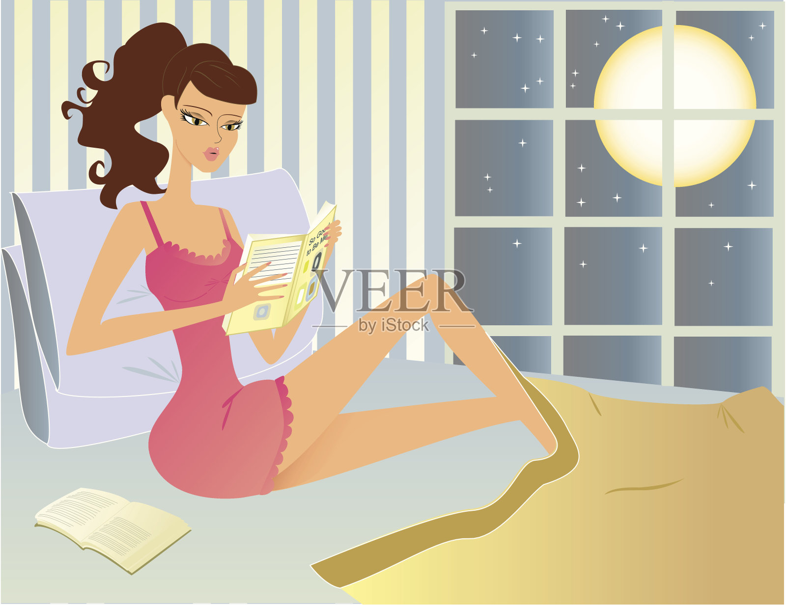 女孩在床上看书插画图片素材