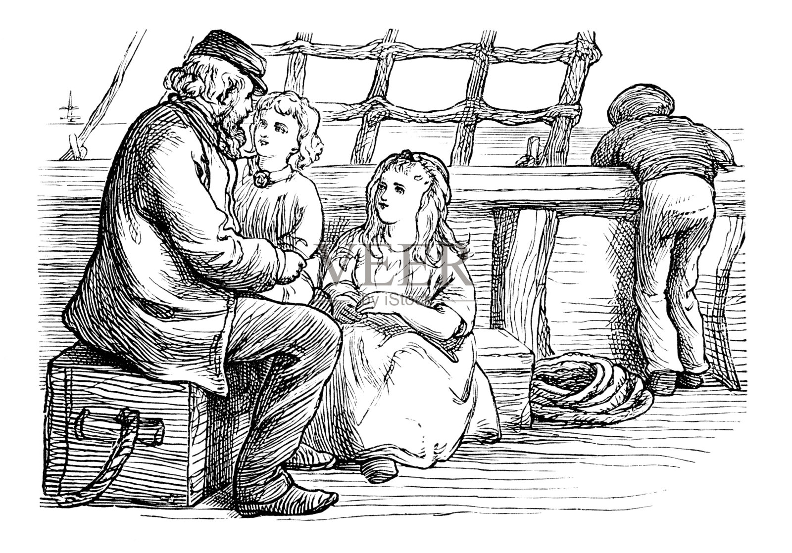 维多利亚时代的孩子们在船上与船长交谈插画图片素材