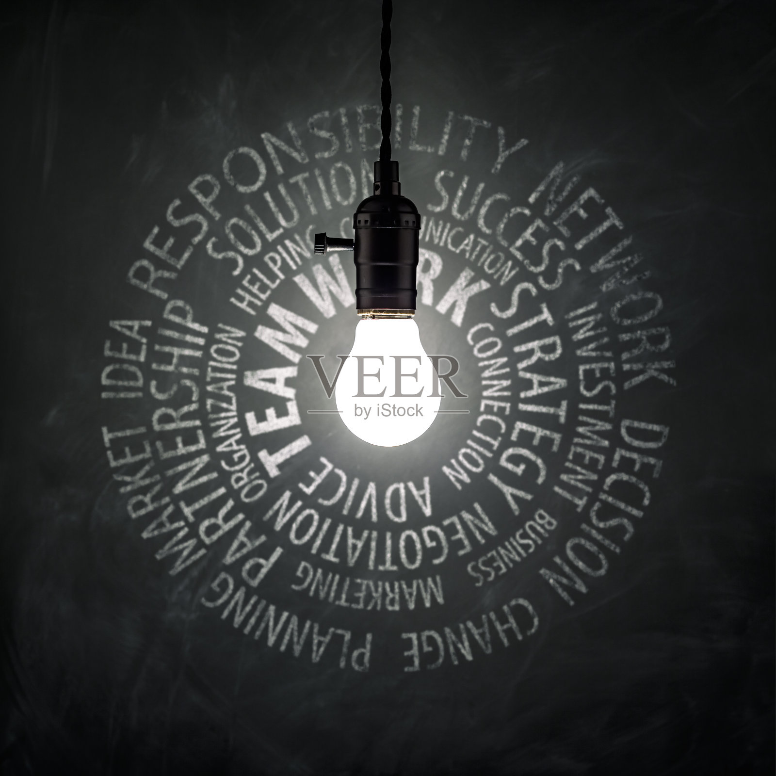 在黑板上的灯泡和商业关键词-复古创意照片摄影图片