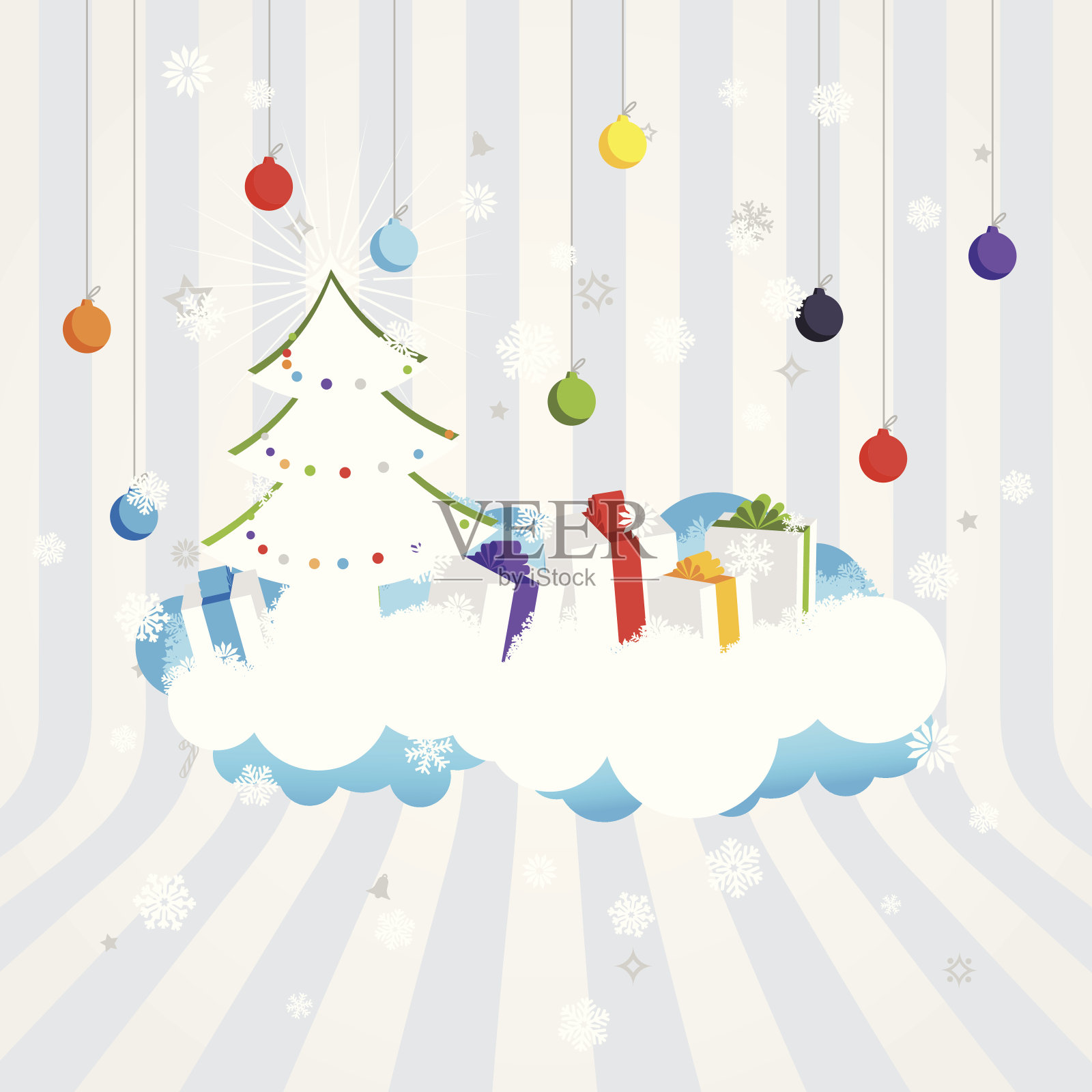 圣诞设计-礼物和树上的云插画图片素材