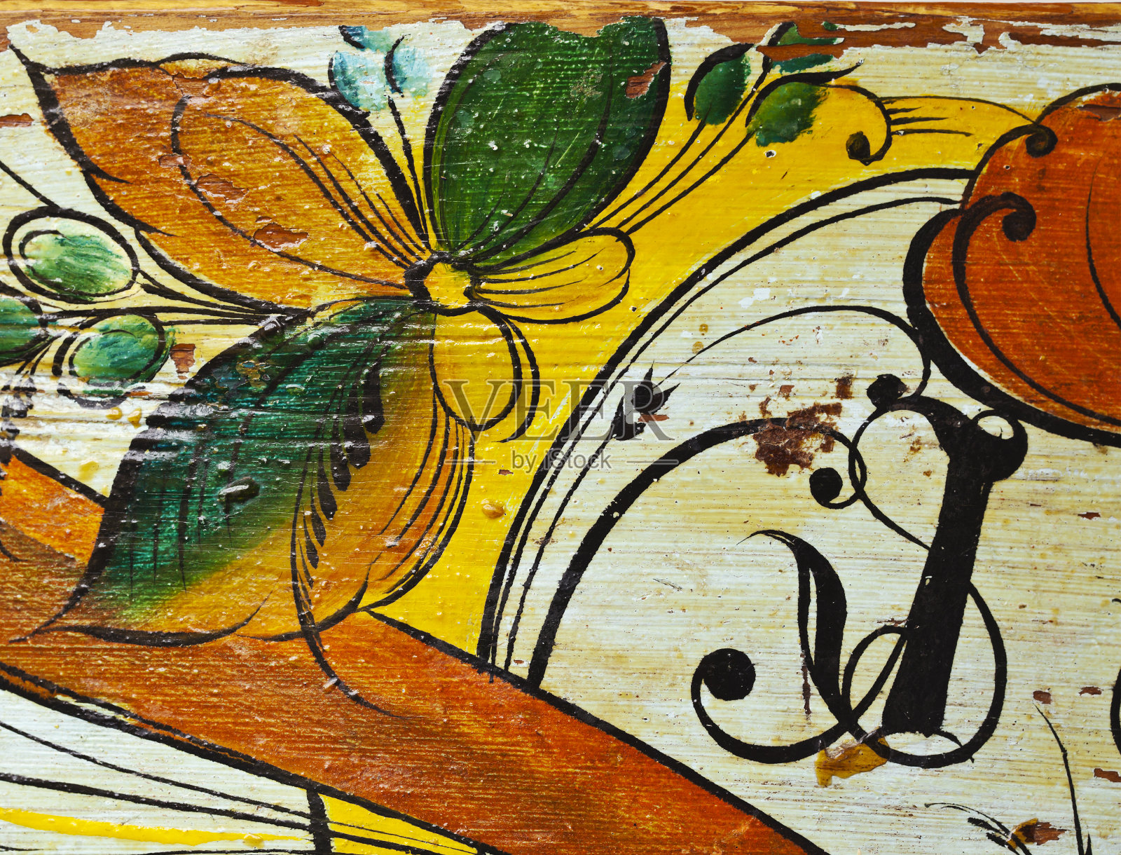 古色古香画绿、黄、红花饰动机。插画图片素材