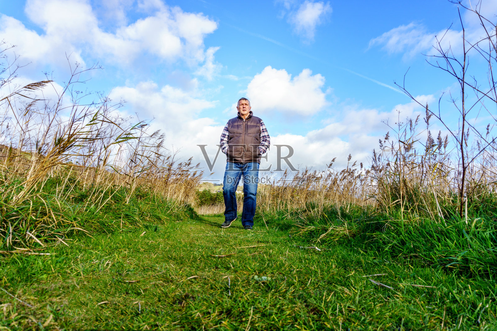 老人走在小路上照片摄影图片