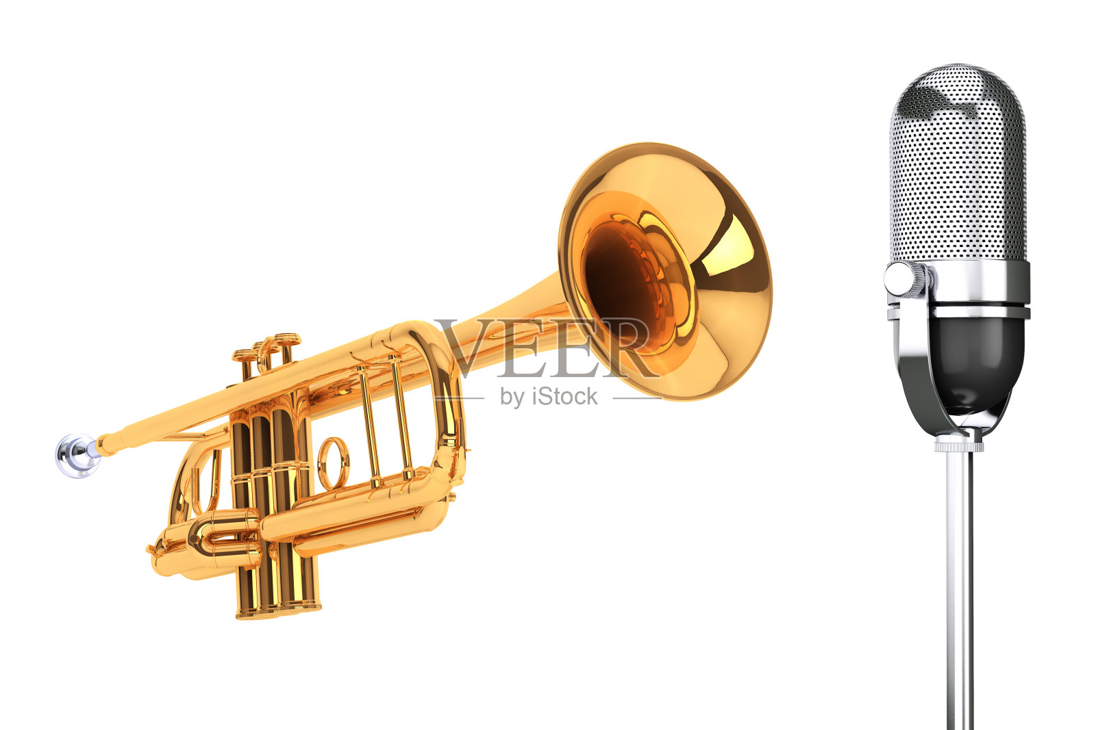 抛光铜管喇叭与古董银微音器照片摄影图片