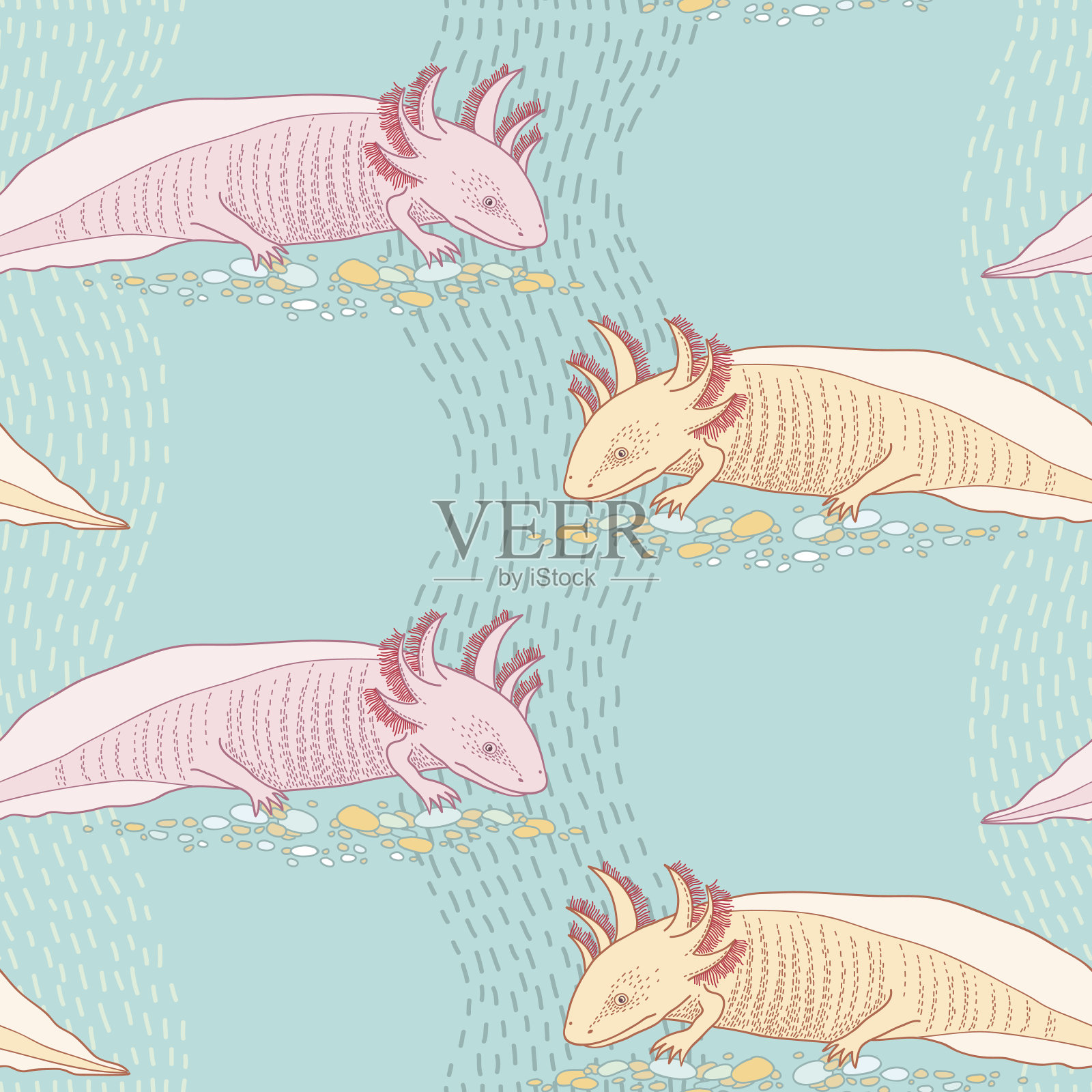 可爱的墨西哥蝾螈无缝图案插画图片素材