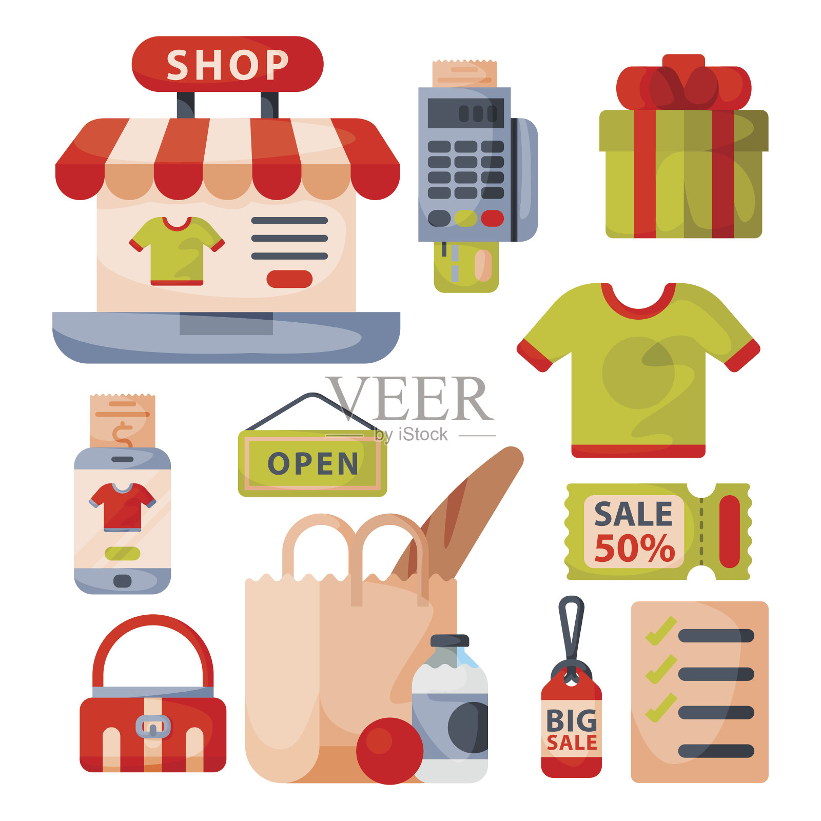 超市杂货店购物复古卡通图标设置与顾客购物车，篮子，食品和商业产品孤立矢量插图插画图片素材