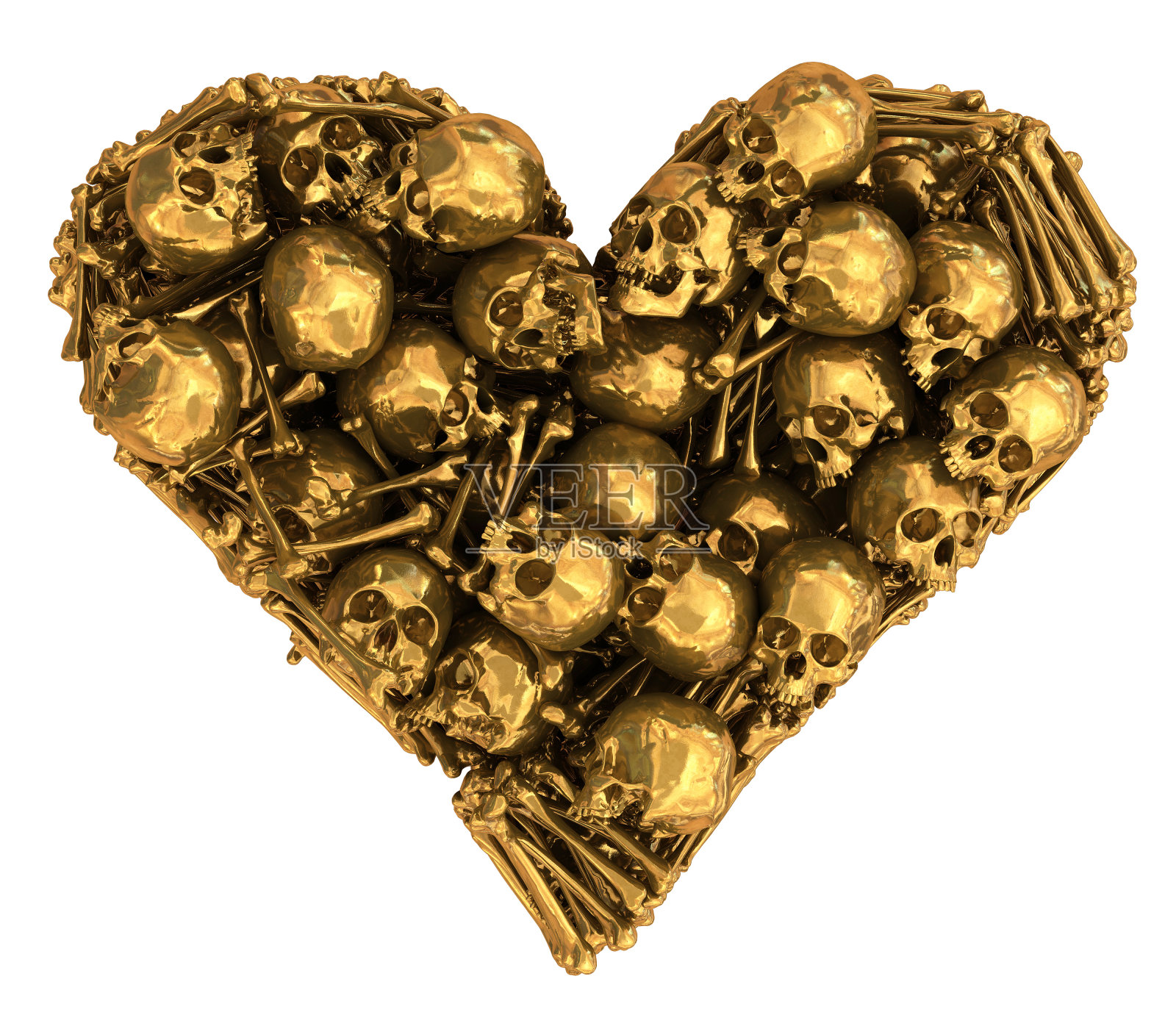 黄金骷髅心。照片摄影图片