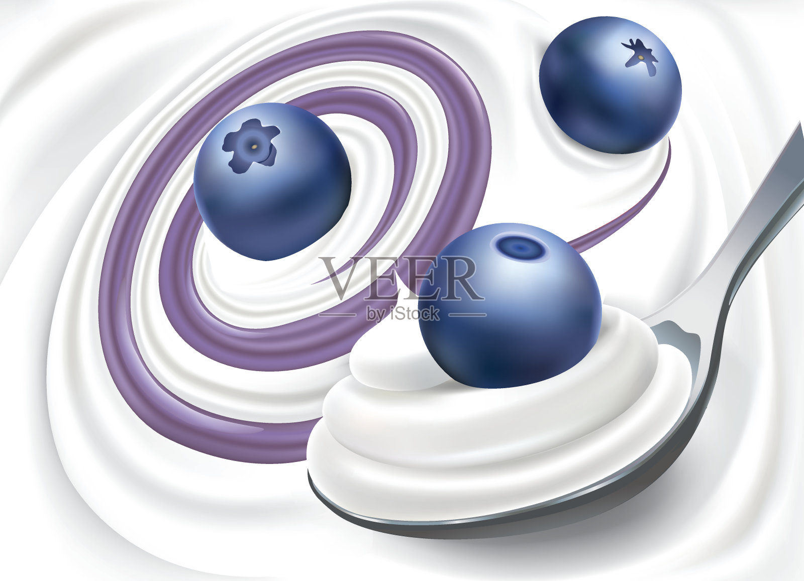 牛奶奶油酸奶和新鲜蓝莓勺插画图片素材