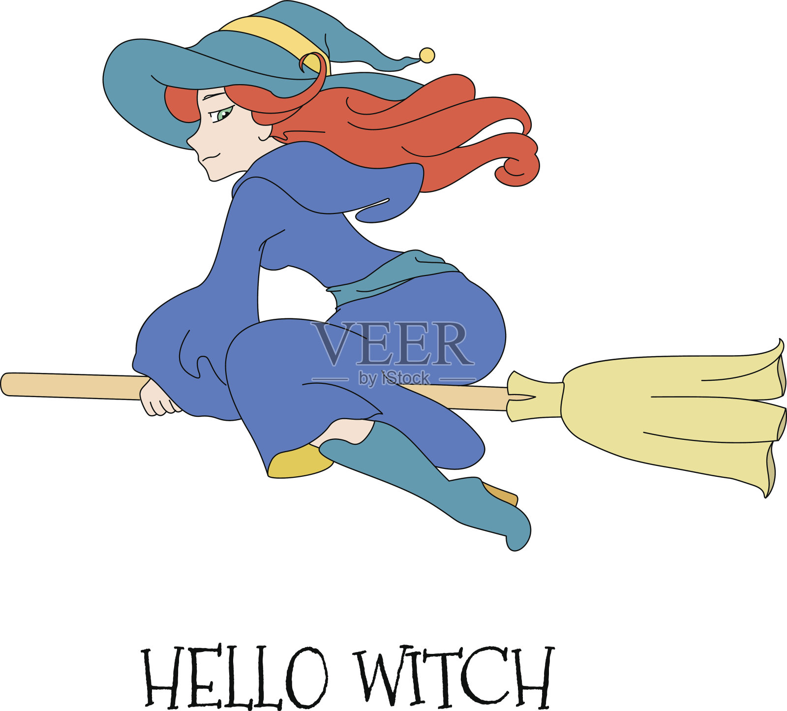 可爱的年轻红发女巫飞行在扫帚孤立在一个白色的背景。插画图片素材