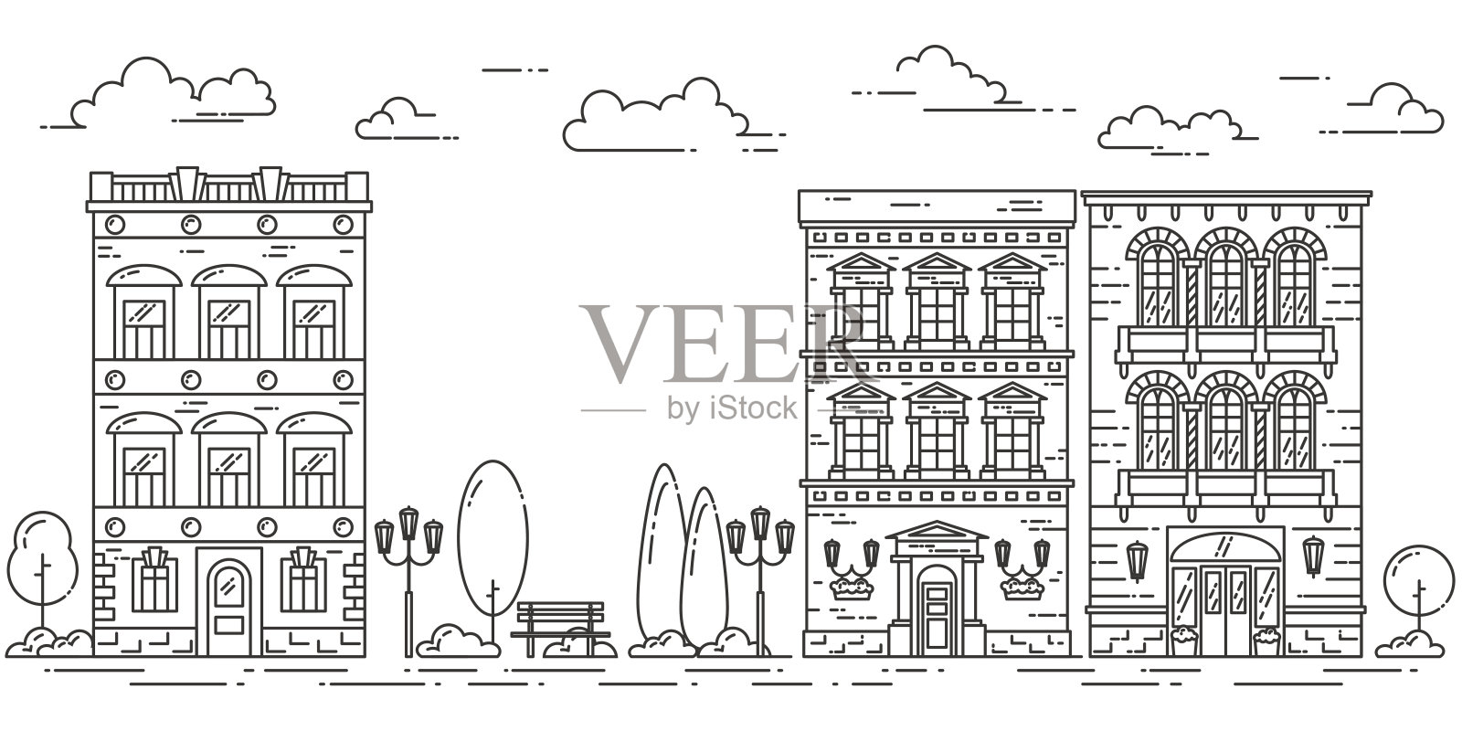 城市景观与房屋，咖啡馆，树木，公园线艺术插画图片素材