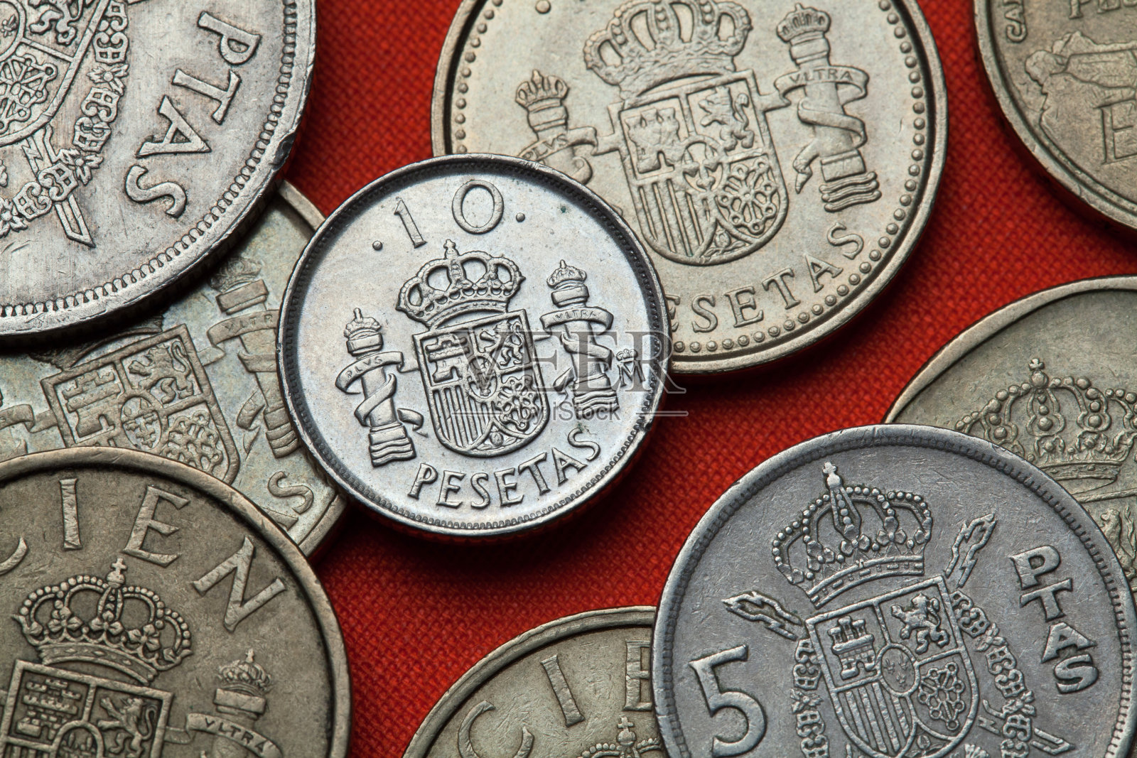 西班牙的硬币。西班牙国徽照片摄影图片
