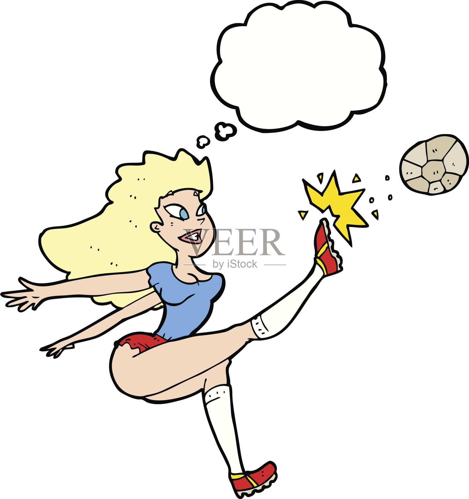 卡通女足球运动员用思想泡泡踢球插画图片素材