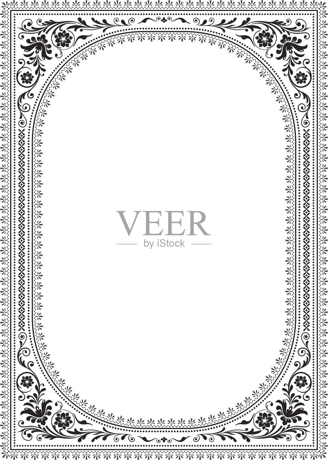 华丽的矩形黑色框架与花卉图案。斯拉夫的风格。插画图片素材