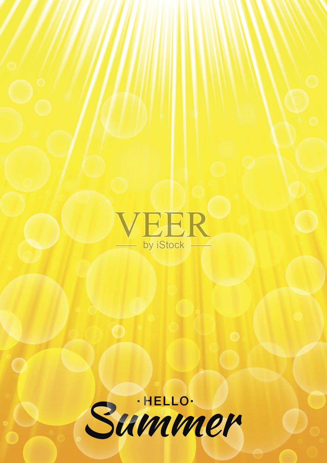 夏季模板向量黄色辉光背景与阳光和气泡。垂直阳光橙色A4纸大小的背景。刻字你好夏天插画图片素材