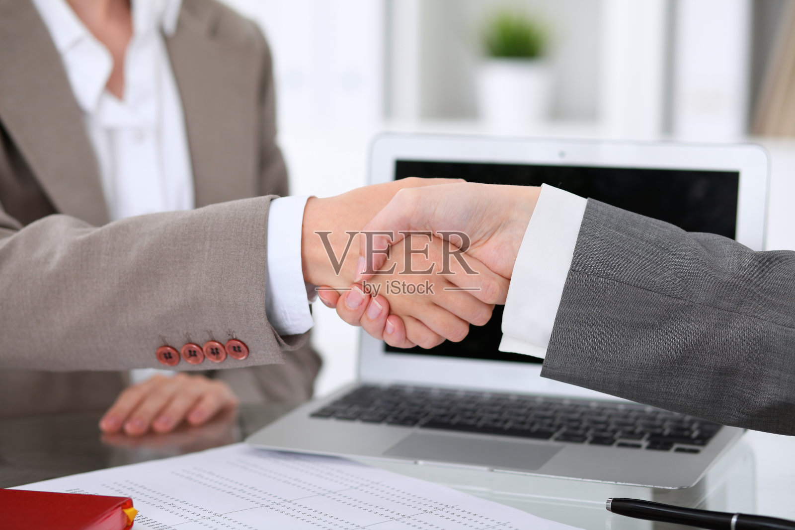 业务握手。两个女人在会面或谈判后握手。照片摄影图片