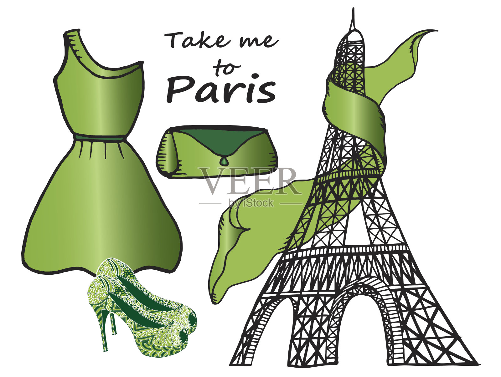 手绘时尚插画、埃菲尔铁塔、服装、鞋子、手袋插画图片素材