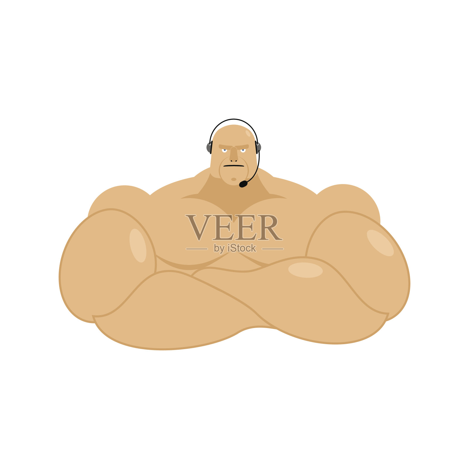 健身呼叫中心。运动员与耳机。健美操作员的顾客反馈。健身房的客户服务插画图片素材